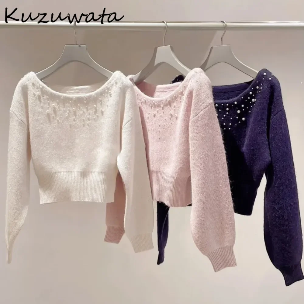 Kuzuwata suave de moda avanzada Slash Neck Jumper rebordear fuera del hombro manga de murciélago Ropa Mujer japonés sólido tejido chica Tops