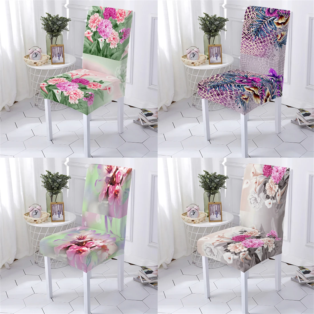 

Plant Style Elastic Chairs Covers Flowers Pattern Modern Removable Anti-Dirty Kitchen Home Dining Room Chair Cover Stuhlbezug