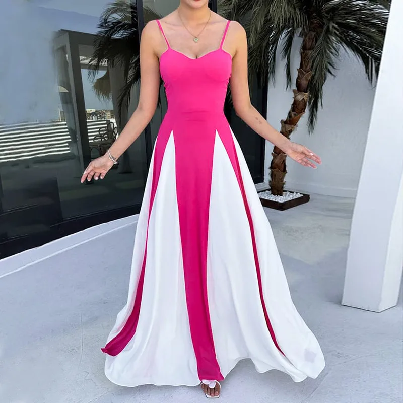 2025 ฤดูร้อนใหม่ผู้หญิงกระโปรงแฟชั่นสไตล์สี Contrast Splicing ชุดสายรัด