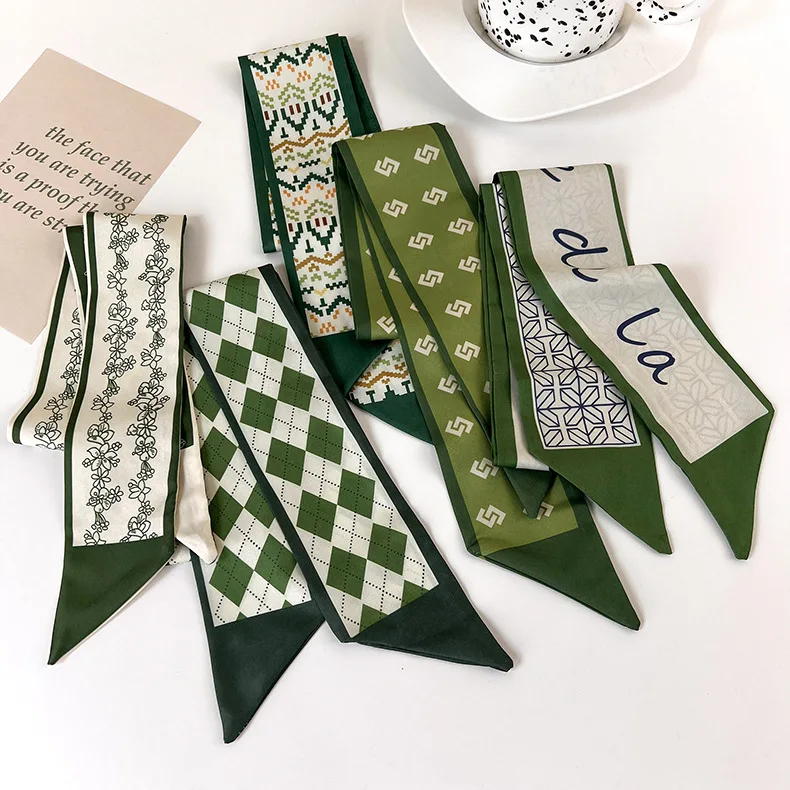 Scarf Satin Long Narrow Green Hair Tie Bag Decorative Ribbon for Women Spring Summer Premium Versatile Flattering