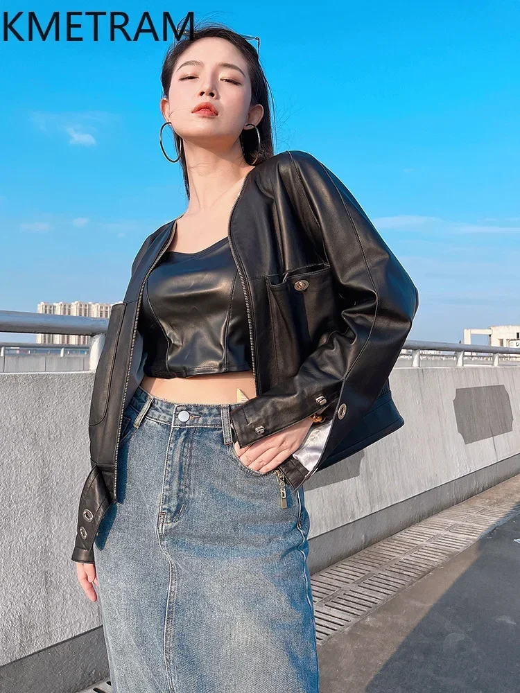 KMETRAM-Chaqueta de piel auténtica de oveja auténtica para mujer, abrigo corto de cuero negro con cuello de pico, ropa de otoño e invierno 2024
