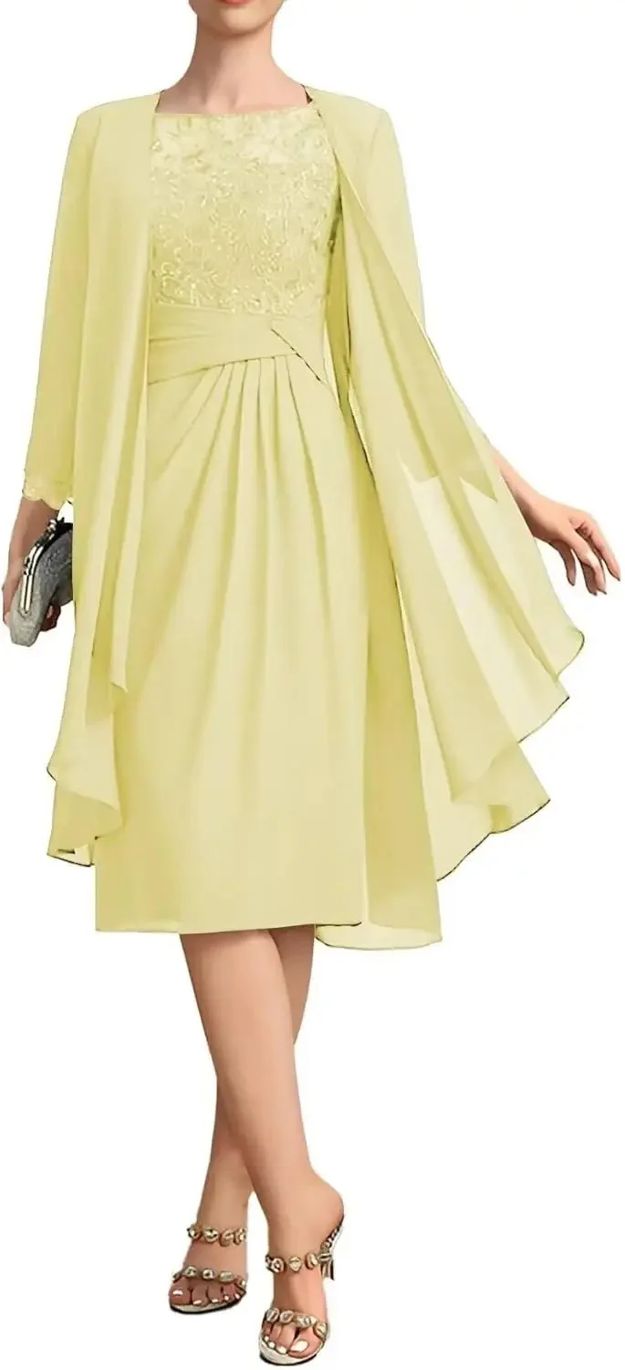 QMANSHA Maßgeschneidertes staubblaues Spitzen-Chiffon-Abendkleid in Knielänge für die Brautmutter mit geraffter Taille – Detail 22