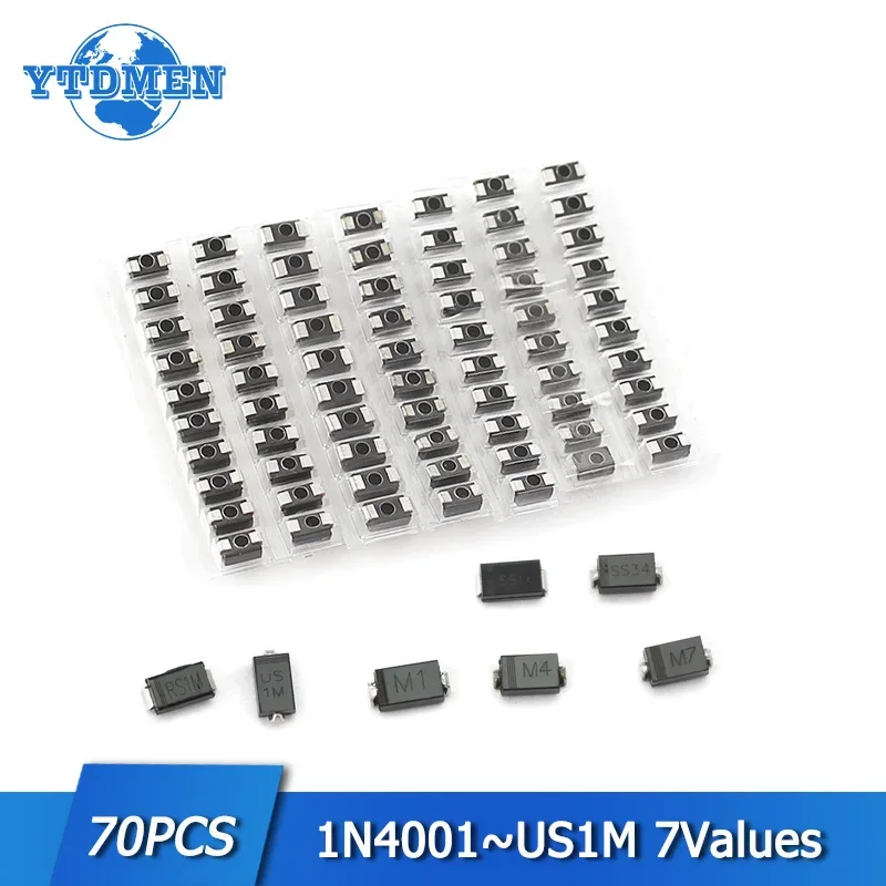 70pcs/lot SMD Diode Schottky Diode Kit 7 Values*10pcs 1N4007 M7 1N4001 M1 1N4004 M4 SS14 US1M RS1M SS34 Electronic Kits