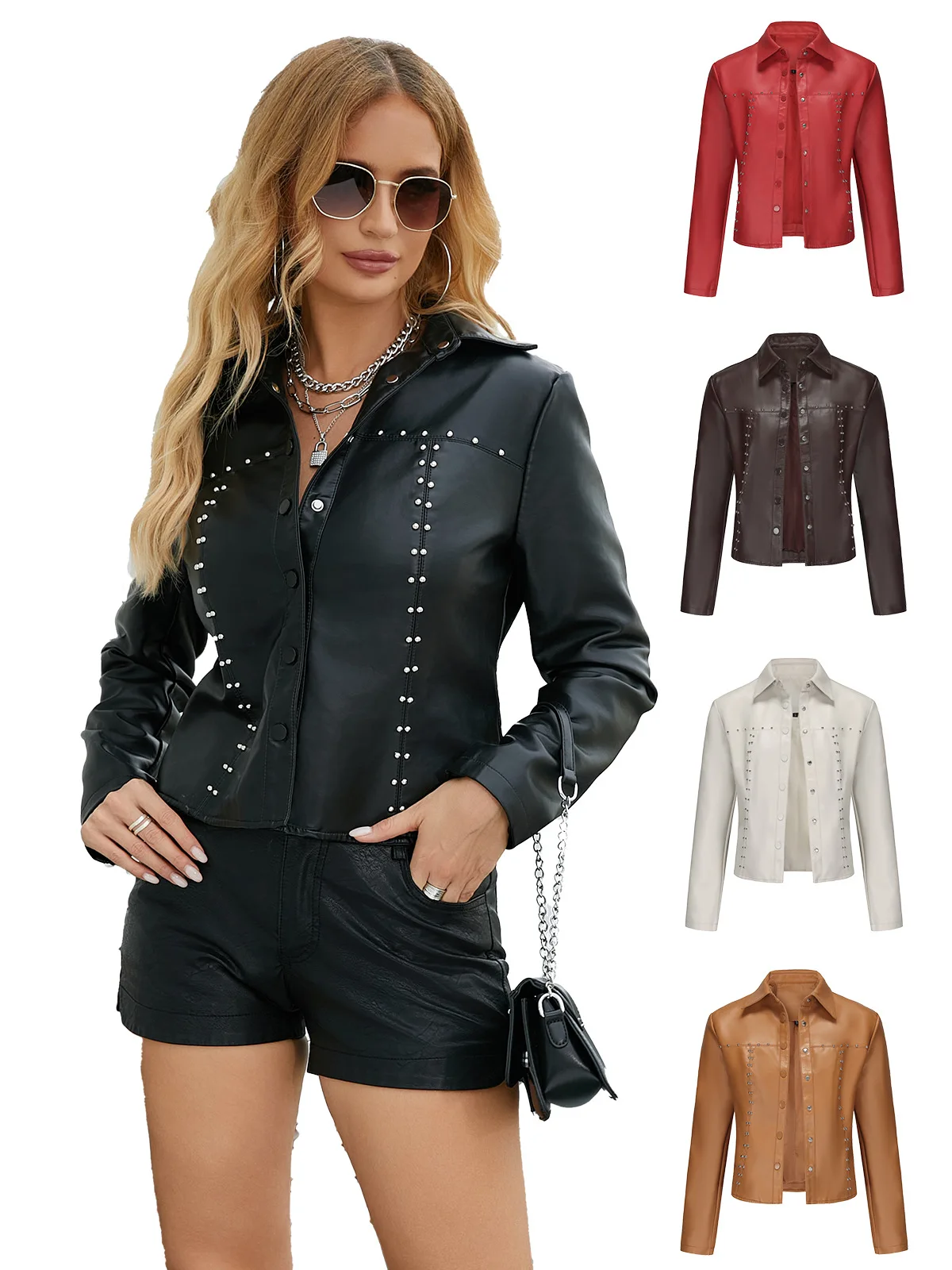 Spring and Autumn new rivet leather jacket sexy cardigan button up leather jacket motorcycle fashion trend thin outdoor jacket