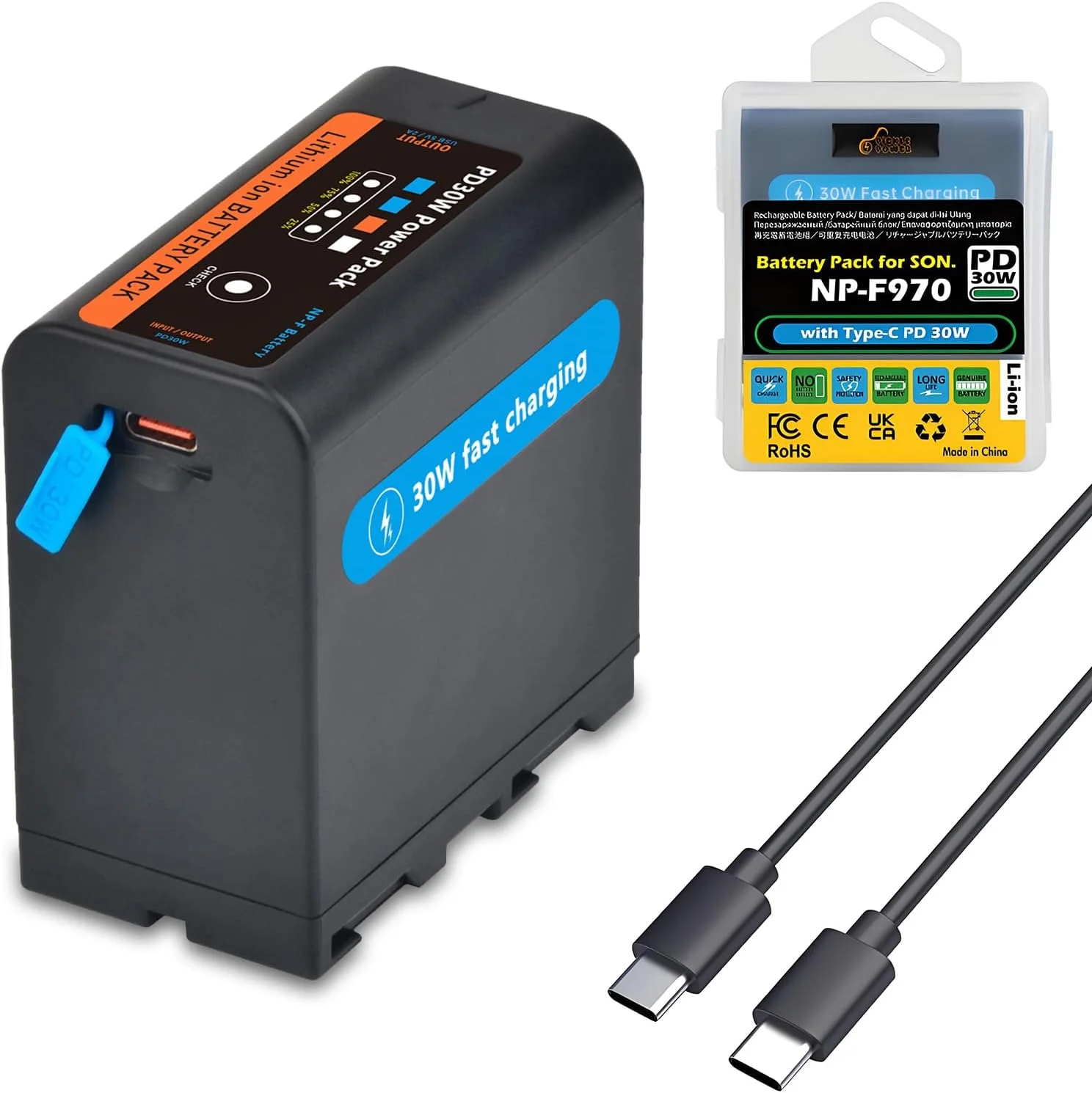 Pickle Power New 10500mAh NP-F960 PD30W Fast Charging USB-C Battery for Sony Camera Camcorder, LED Video Light, Monitor