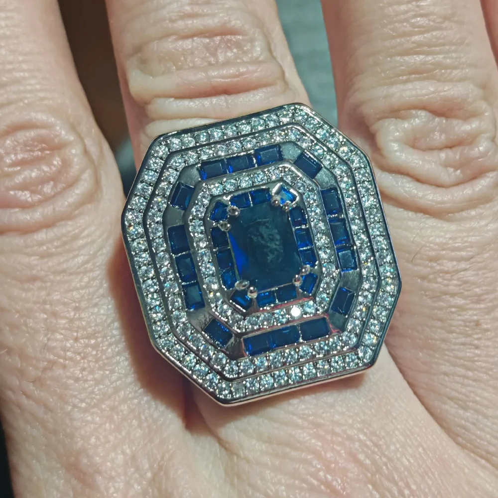 Luxurious Octagonal Halo Sapphire Ring - Royal Blue Cubic Zirconium Multi-layer Micro-set CZ Diamond Cocktail Ring