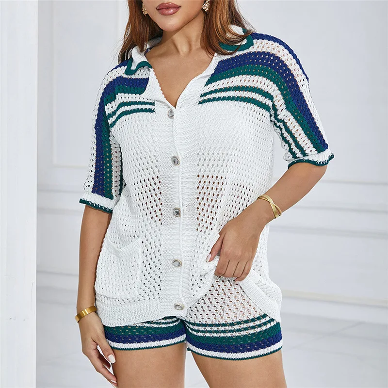 

Knit Women 2 Piece Set Tracksuit Wavy Contrast See Through Single-Breasted Polo Neck t-Shirt+Shorts Matching Streetwear Outfit