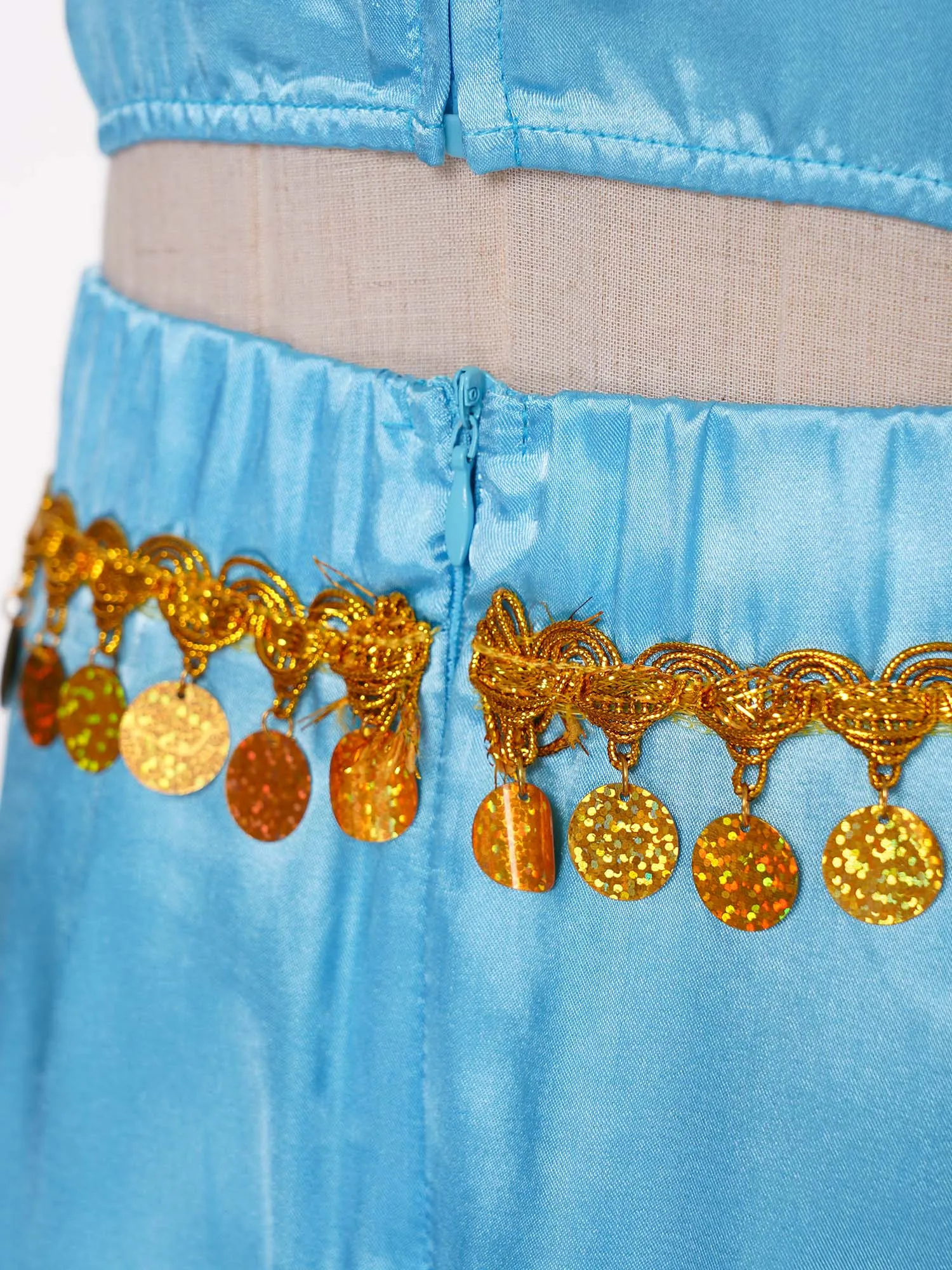 Kids Girls Sequin Tassel Zipper Belly Dance Outfit Sequined Crop Top with Satin Skirt Halloween Carnival Performance Costume