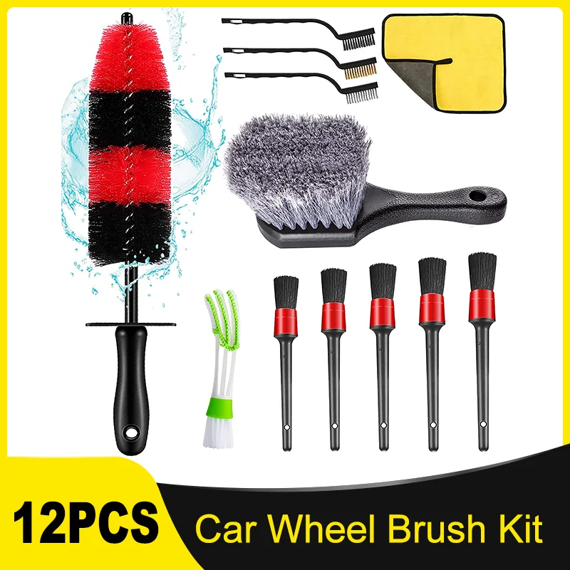 

12 Pcs Car Wheel Brush Kit Including 17inch Long Wheel Brush Short Handle Tire Brush With Detailing Brushes Kit for Car Cleaning