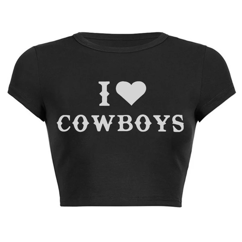 I Cowboys Print Female T Shirt Summer Harajuku Crop Top Sexy Party Clothes O Neck Cropped Navel Women Cotton Fashion T-Shirt