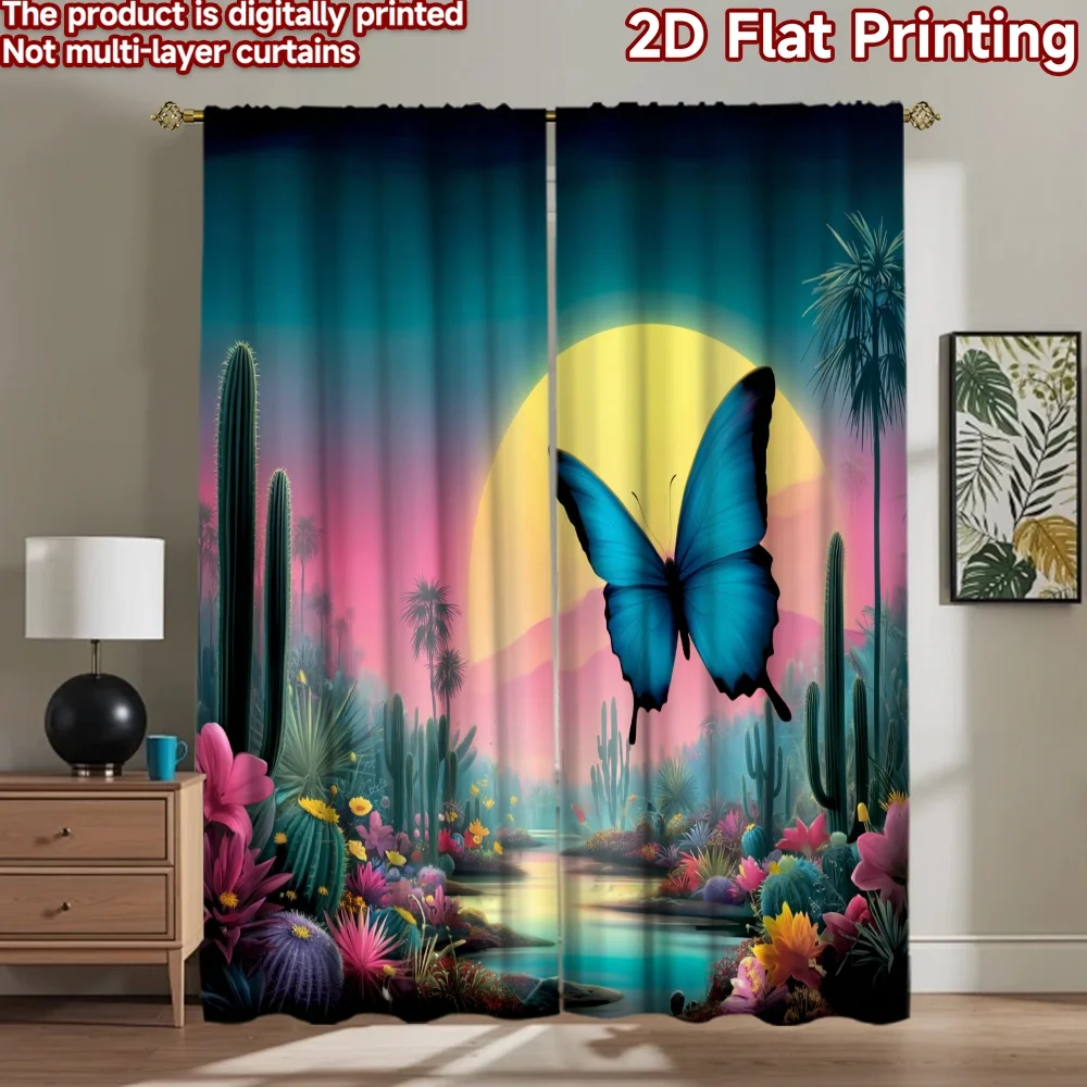 

2D flat printing 2pcs Drapes Blue Butterfly Desert Oasis Digital Printed Polyester Drapes Family Party Use for Photo Booths &