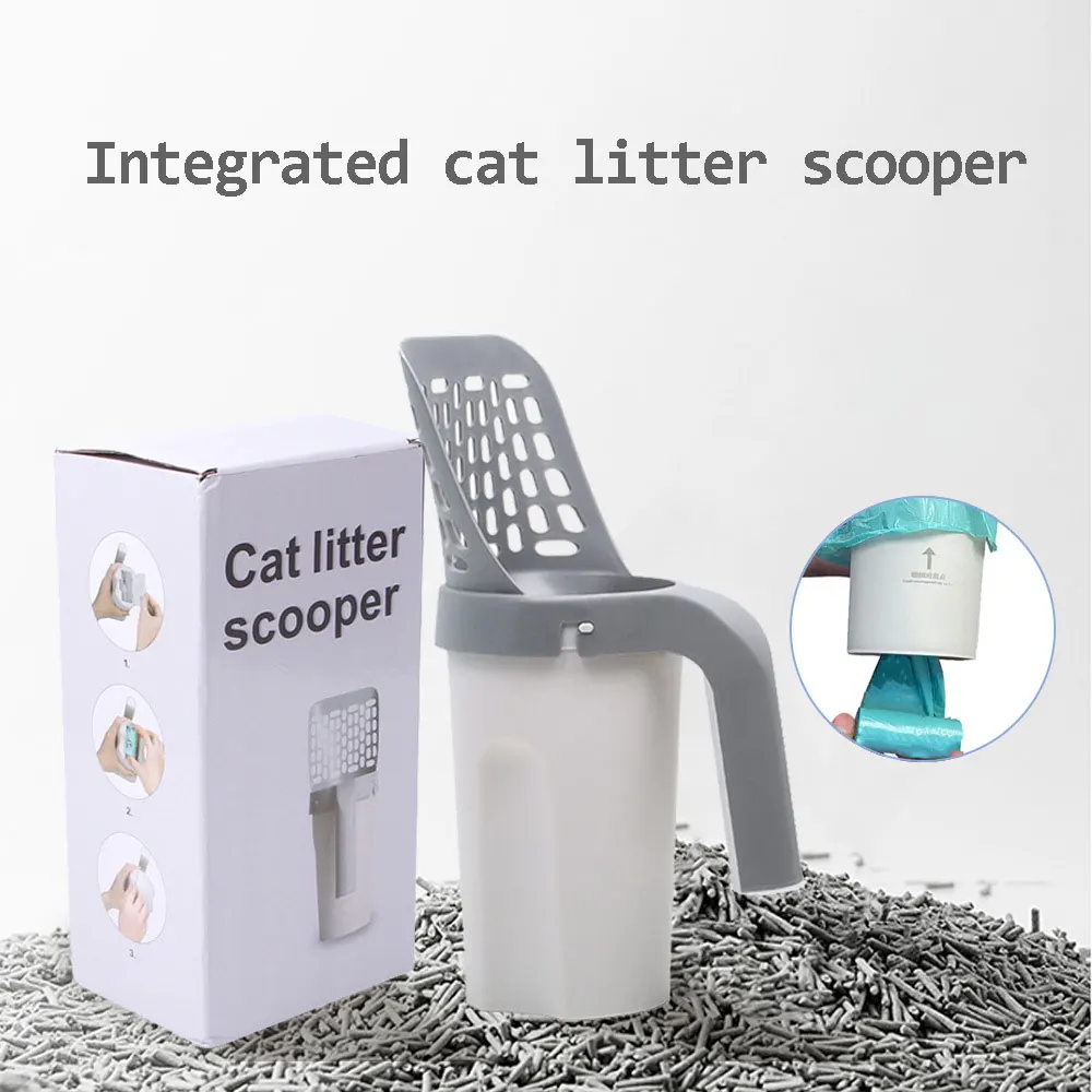 Integrado Cat Litter Shovel Set com caixa de armazenamento e lixeira, Pet Cleaning Tool for Cats Fezes