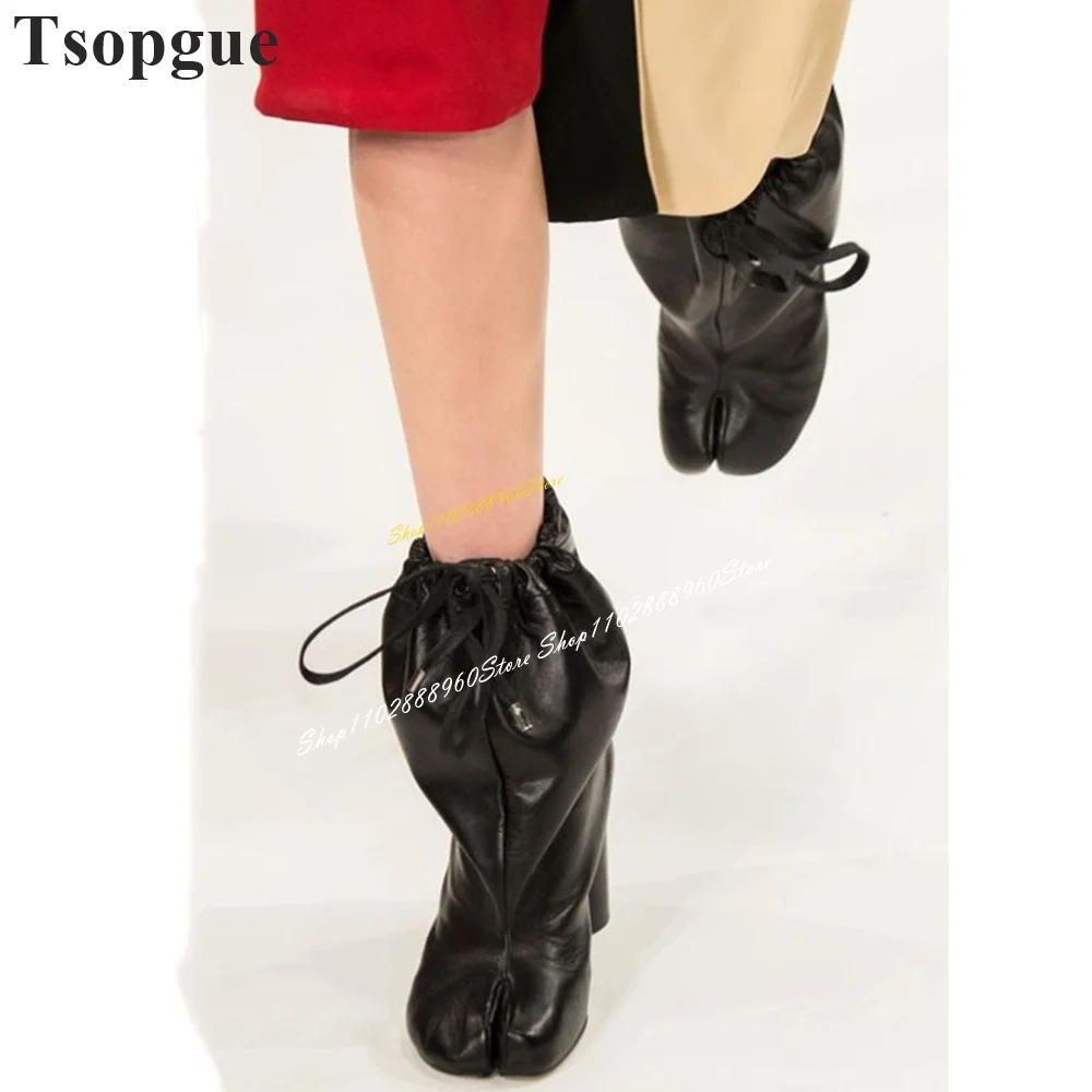 

Mid Calf Black Big Size Soft Leather Tabi Boots Thick Heel Shoes For Women Lace Up Split Toe 2024 Fashion Zapatos Para Mujere