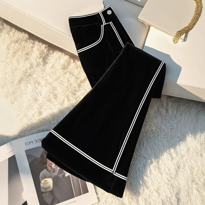 Winter High-end, Super Good-looking, Laid-back and Relaxed, High-waisted Straight-leg Slimming Long Pants, Black Velvet Pants