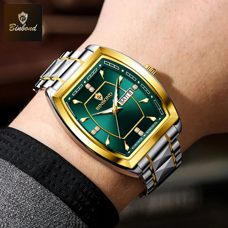 BINBOND Top Brand Luxury Men's Watches Waterproof Luminous Calendar Week Watch For Man Casual Stainless Steel Quartz Men Watch