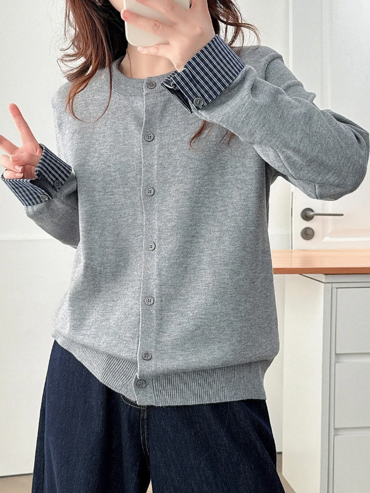 Casual Solid Outerwear Tops Autumn Winter Check Sleeve Spliced O-Neck Long Sleeve Knit Women Cardigan Trendy Versatile Sweater