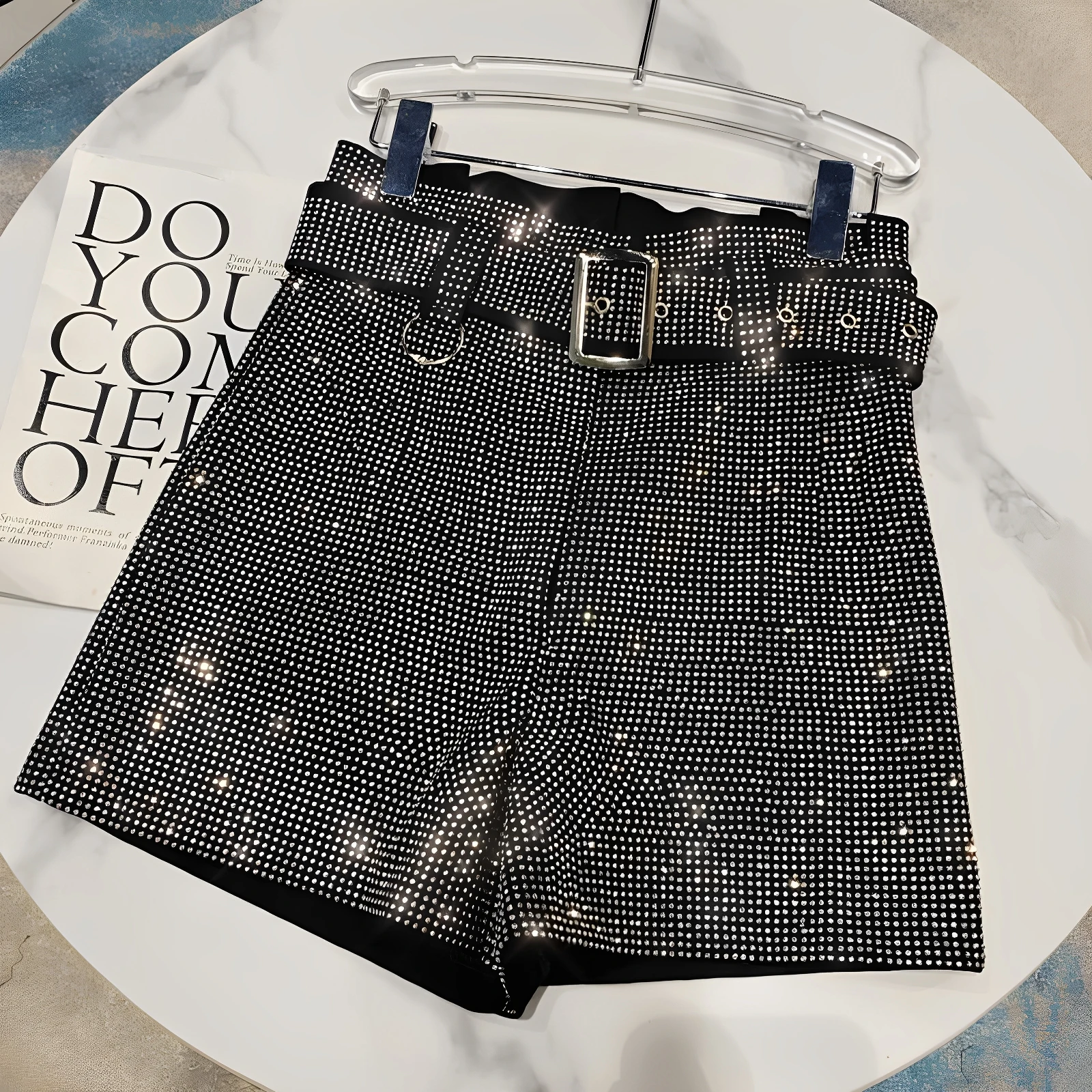 

Spring 2026 Women's Fashion Sparkling Diamond Hotfix Short Pants Three-Quarter Length Heavy Embellishment Casual Straight Leg...