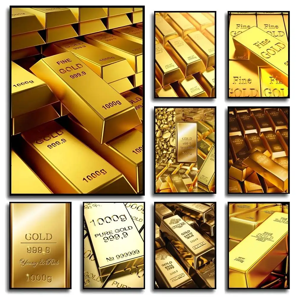 Geld-Gold-Kunst-Poster, Hochwertige Leinwandbilder im Vintage-Stil für Wohnzimmer, Wanddekoration für Zuhause