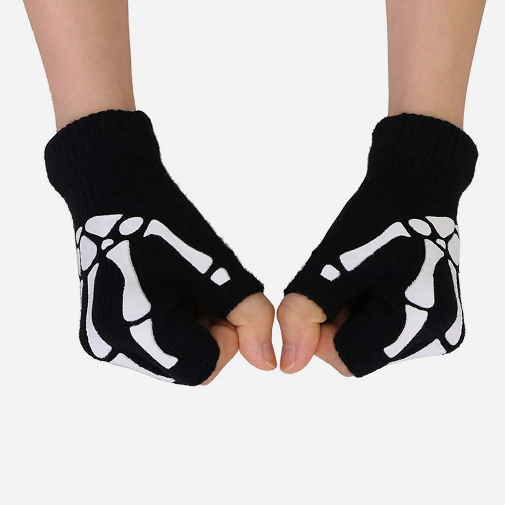 

1 Pair Of Comfortable Night Light Skeleton Gloves Halloween Party Decorative Knitted Fingerless Cycling Gloves