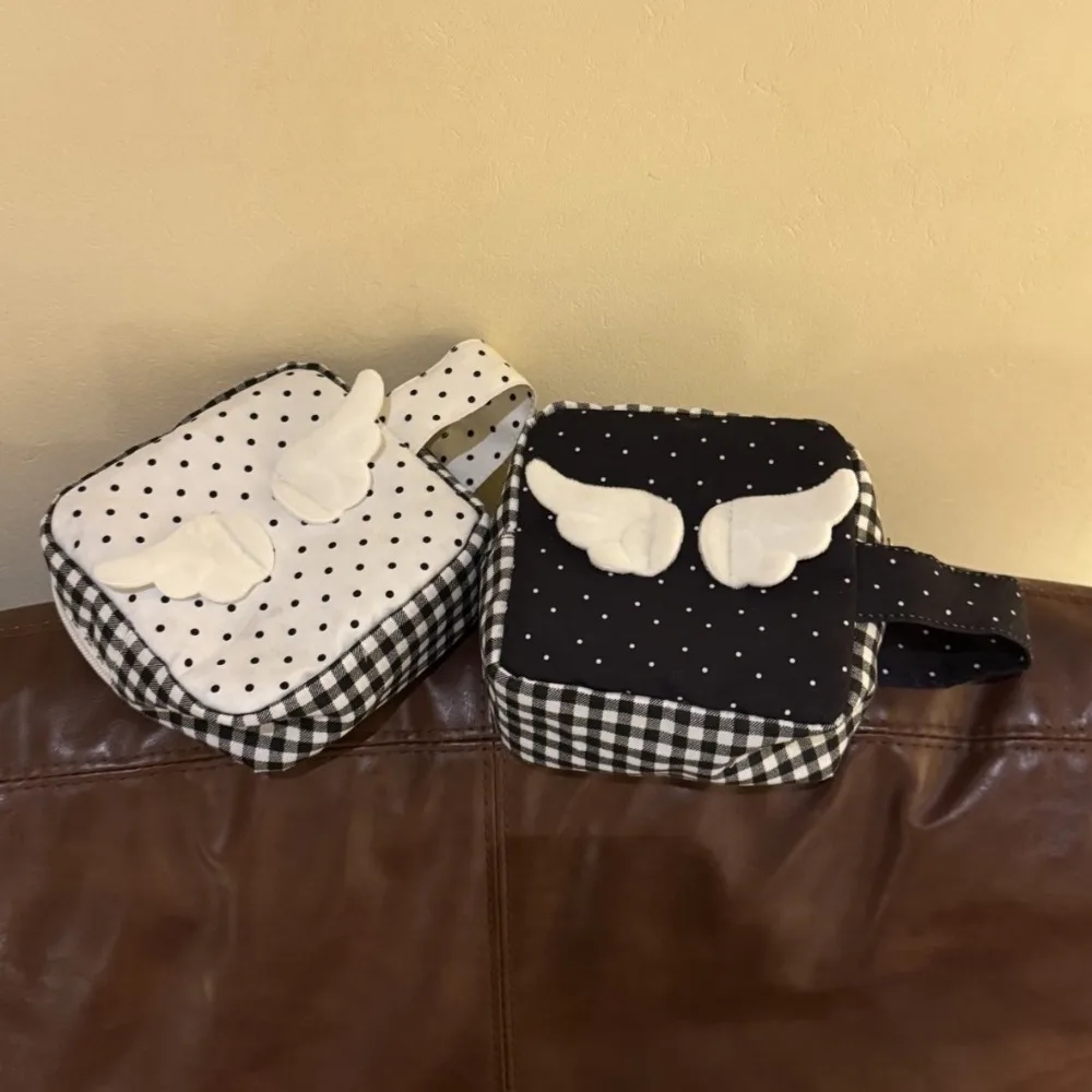 Korean Style Black White Polka Dot Plaid Wing Storage Pouch Portable Cute Makeup Bag Multi-Functional Coin Purse CCD Camera Case