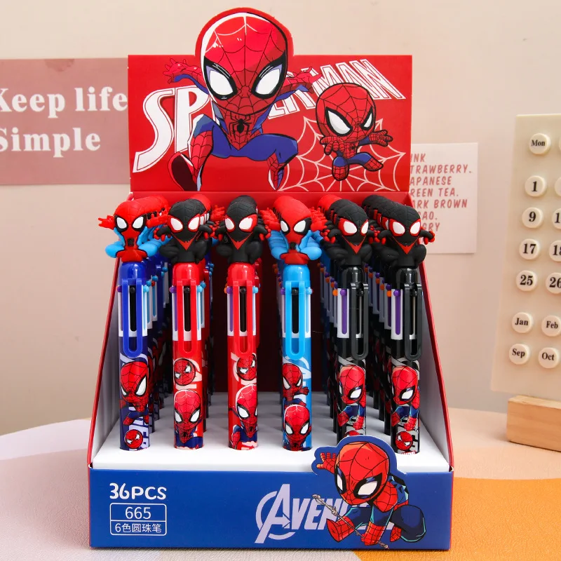 

6/36pcs Kawaii For Spider Man Press Ten Color Ballpoint Pen For Boys Super Cool Color Pocket Pen Student Stationery Supplies Gif
