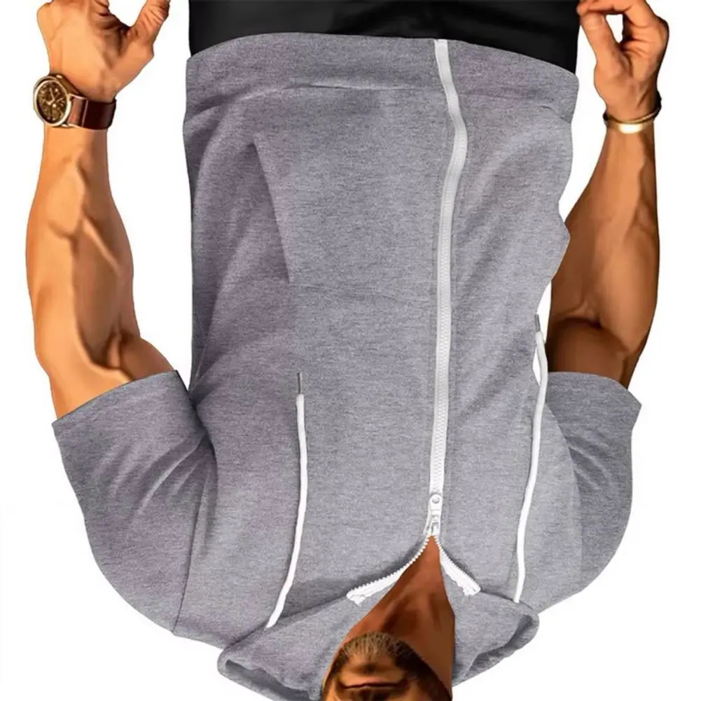 Camiseta Masculina de Poliéster com Zíper e Capuz, Manga Curta, Leve, com Bolsos, para Esportes de Verão e Uso Urbano