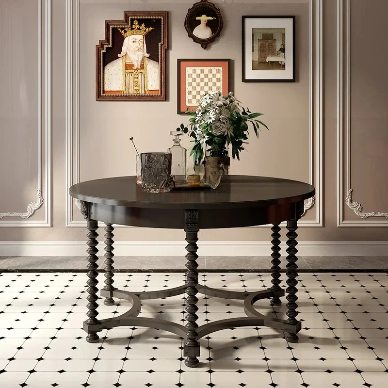 

American retro solid wood round dining table and chair combination dining chair French engraved dining table household2005
