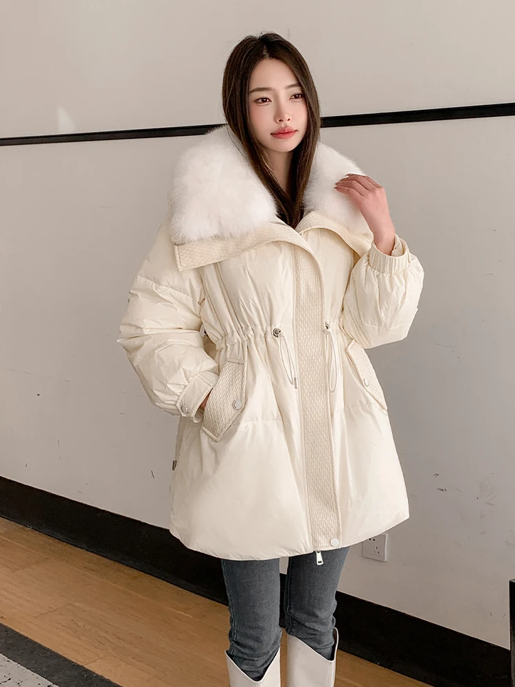 Winter Warm Coat Women\'s White Goose Down Down Jacket Fashion Fox Big Fur Collar Design Drawstring Waist Sweet Women\'s Coat