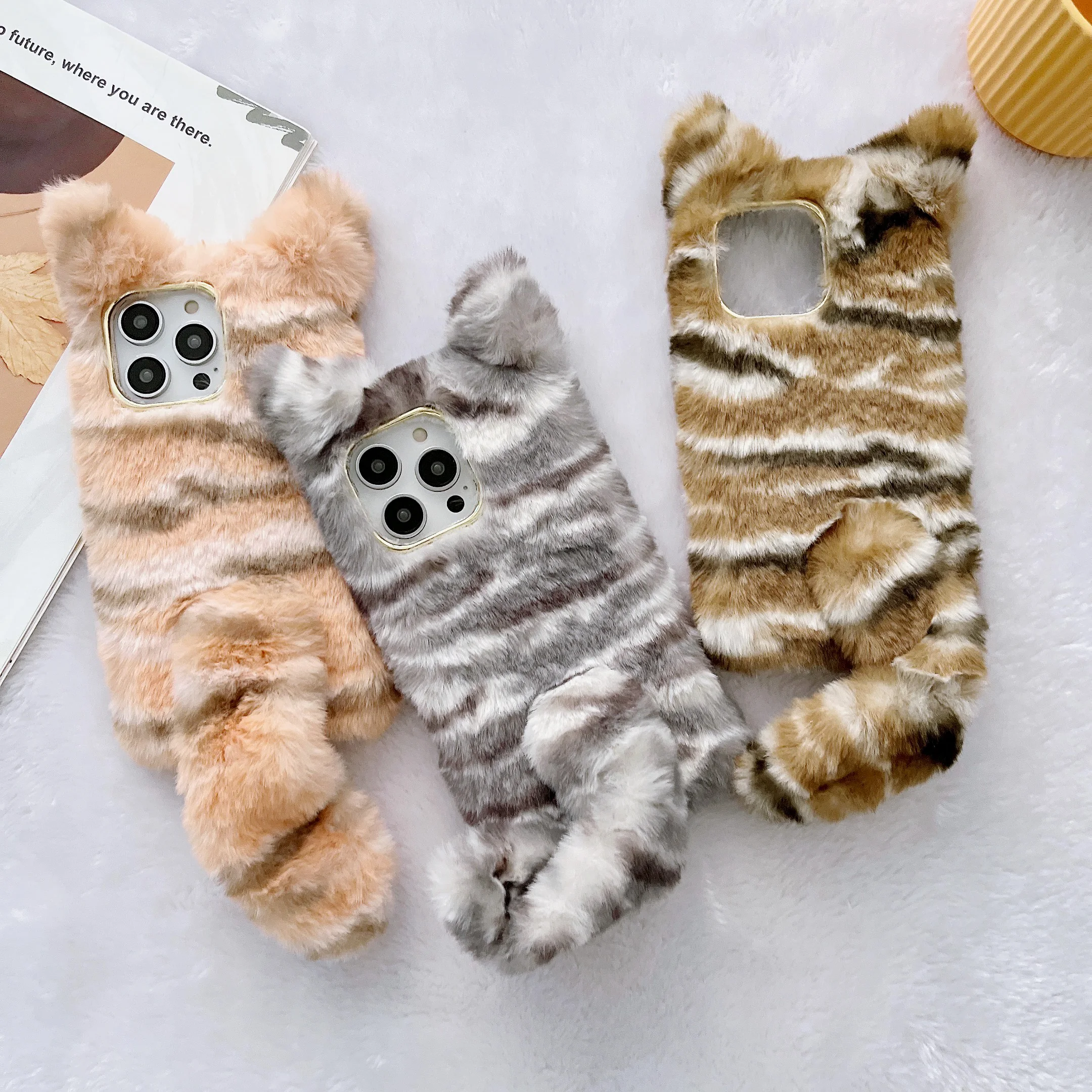 

Korean Soft Plush Tigger Phone Case For iPhone 14 13 12 11 Pro Max XR X XS Max 7 8 Plus XR Protective Furry Fur Warm Back Cover