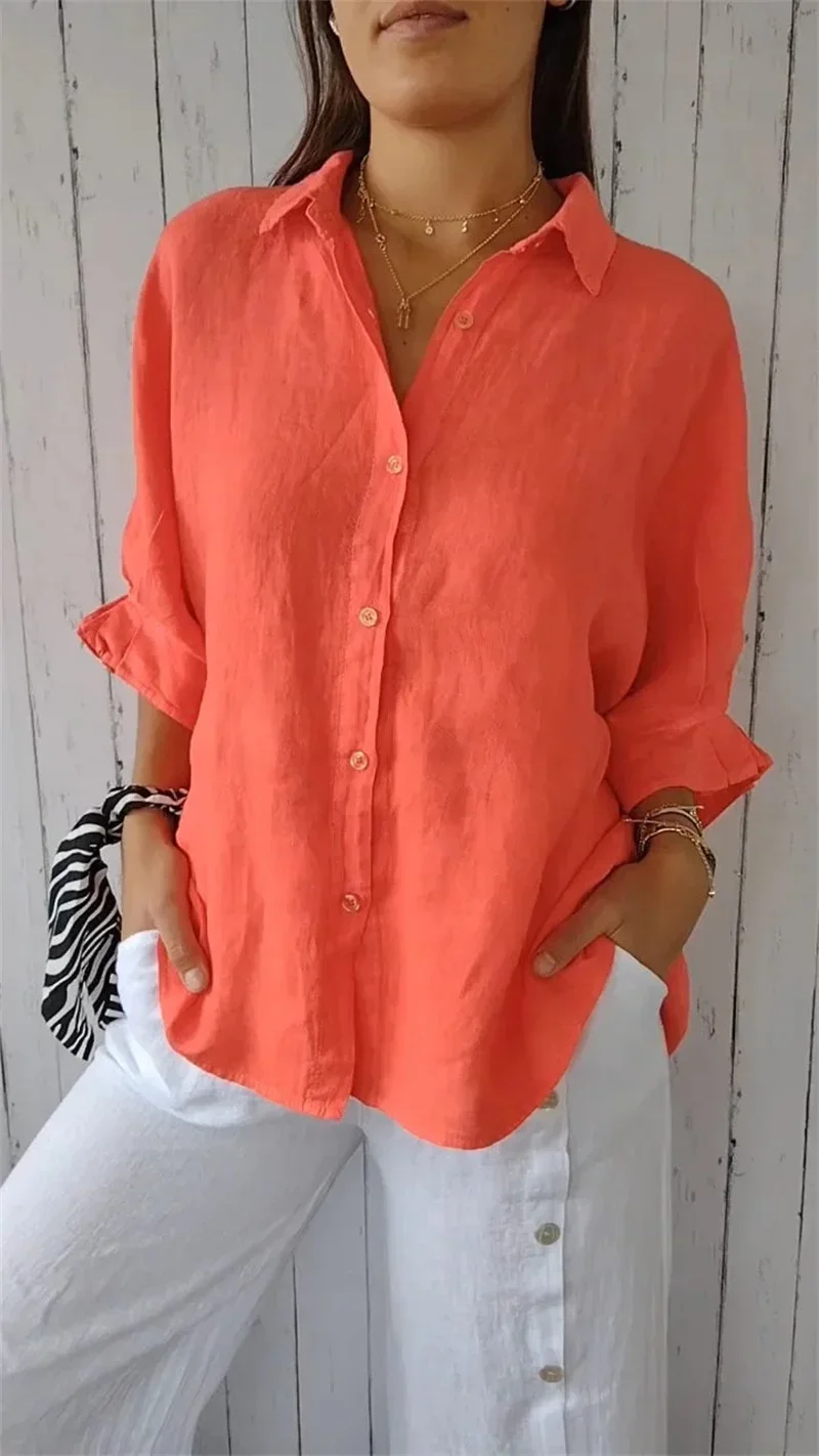 2024 Zomer Nieuw Vetershirt Dames Effen Kleur Katoenen Linnen Blouse Met Halve Mouwen Sweet Style Daily Casual Losse Damestops