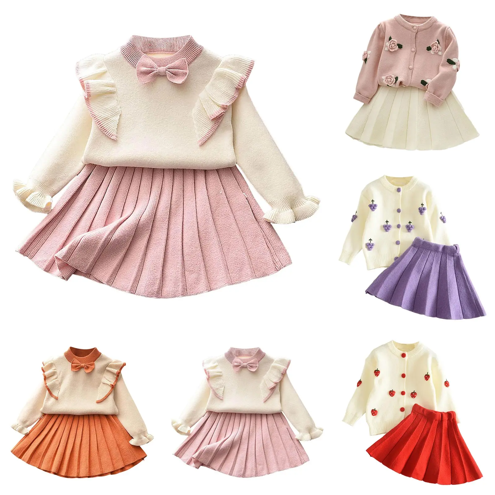 

Toddler Girl Fly Sleeve Knitted Sweater Set Little Kids Baby Princess Dress Sweet Cute Two-Piece Outfit Baby Girl Clothes