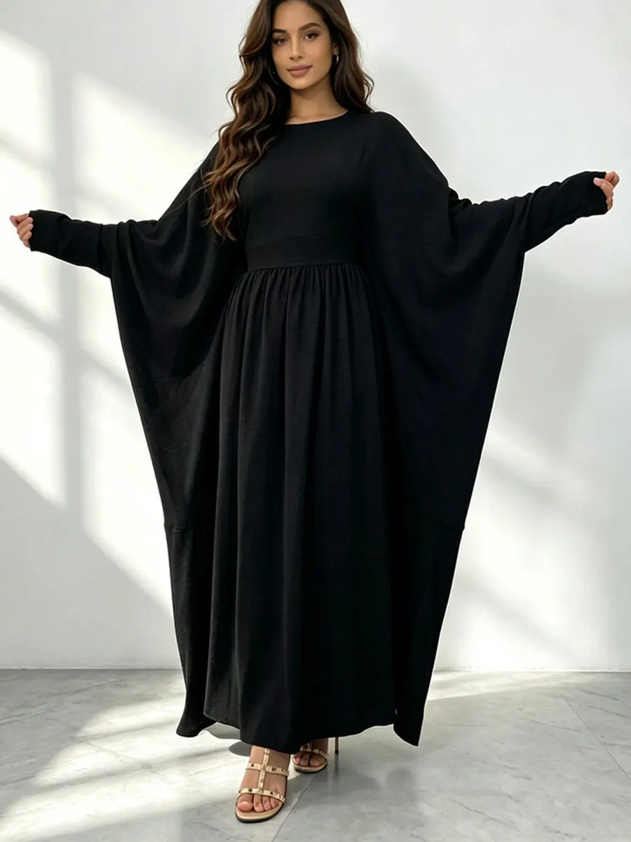 Damen Modest Abaya Maxikleid mit Fledermausärmeln, Hoher Taille, Plissiert, Islamisches Gewand, Ramadan Eid Casual Party Einfarbige Muslimische Kleidung – Detail 5