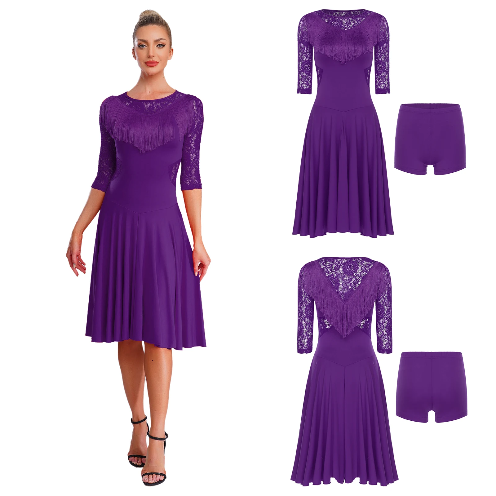 Costume de danse Tango Samba pour femmes, élégant, dentelle florale transparente, pompon fluide, robe de Salsa latine avec short pour danse Chacha Rumba