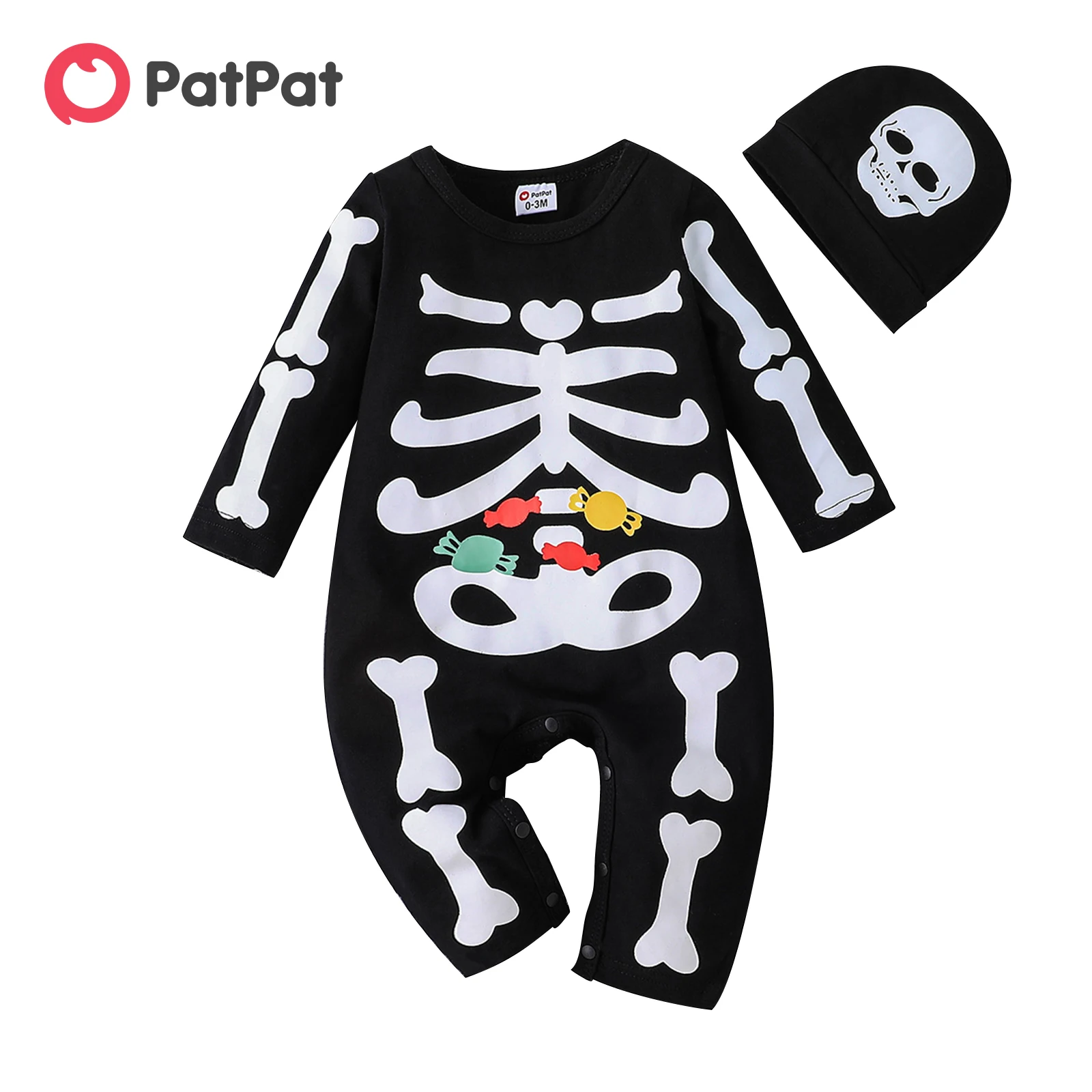 

PatPat Halloween Baby Costume 2PCS Baby Boy Jumpsuit 95% Cotton Long-sleeve Skeleton Print Jumpsuit with Hat Baby Clothes Sets