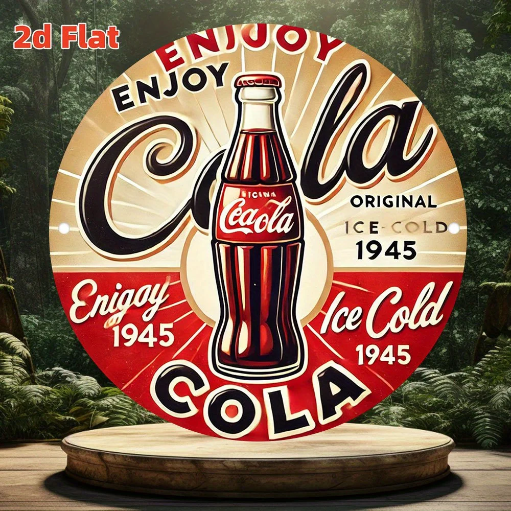 مسطح ثنائي الأبعاد، [مسطح] قطعة واحدة مستديرة عتيقة 1945 استمتع بعلامة كولا آيس كولد - ديكور حائط من الألومنيوم للمنزل والبار، للسيارة والحديقة -