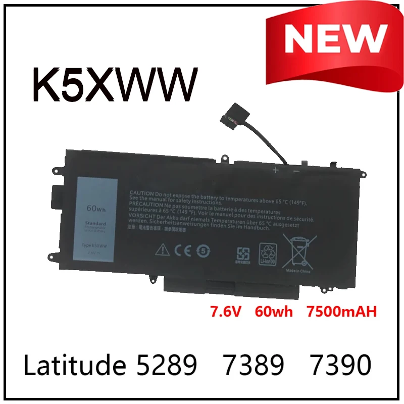 

7.6V 7500mAh K5XWW Laptop Battery for Dell Latitude 5289 7389 7390 2-in-1 Series Notebooks 71TG4 725KY N18GG 7.6V 60WH K5XWW New