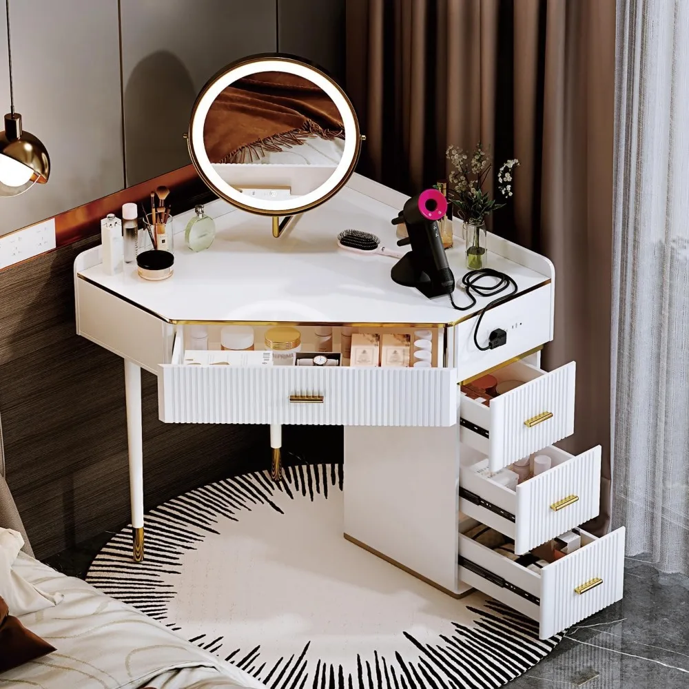 Makeup Vanity Desk with Mirror and Lights,Modern White Corner Vanity Desk, Large Size Corner,dressingTable with 4 Drawers