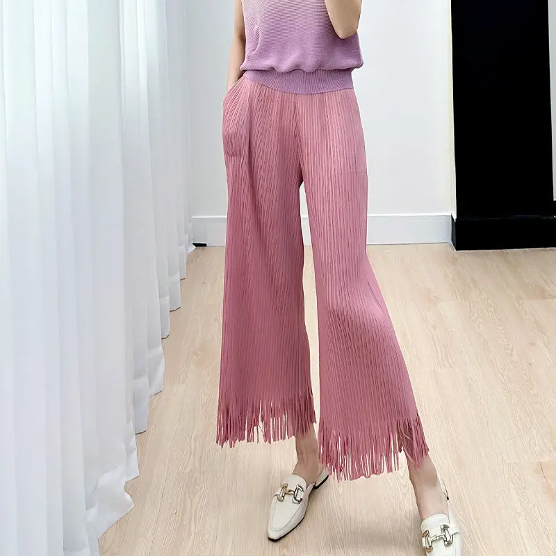 Wrinkled solid color elastic waistband fringe casual pants live broadcast popular slim fit casual micro flared pants for women