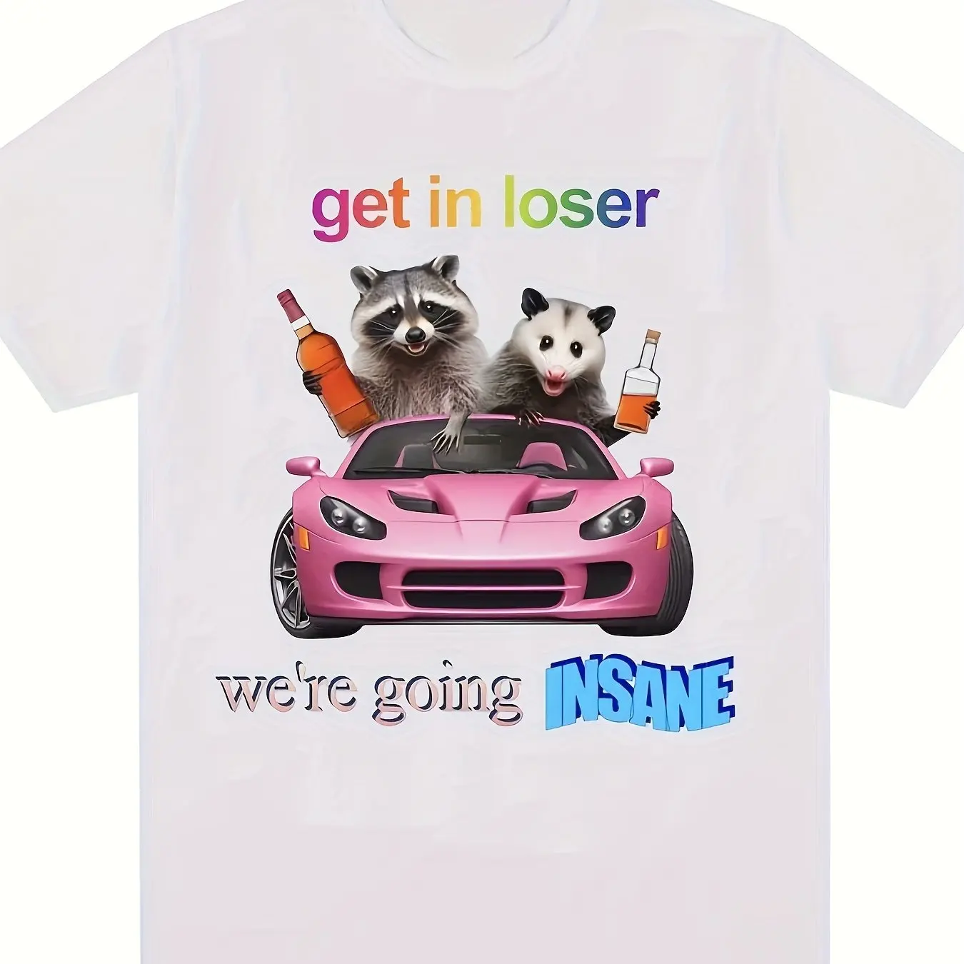 تي شيرت برسومات مضحكة للرجال "Get In Loser We're Going Insane" - تي شيرت أسود مضحك على شكل حيوان مع تصميم الراكون لملابس غير رسمية #2