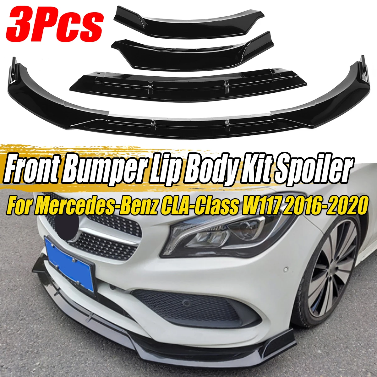 3Pcs Glossy Black Front Bumper Protector Lip Spoiler Covers Trim For Mercedes Benz CLA-Class W117 2016 2017 2018 2019 2020