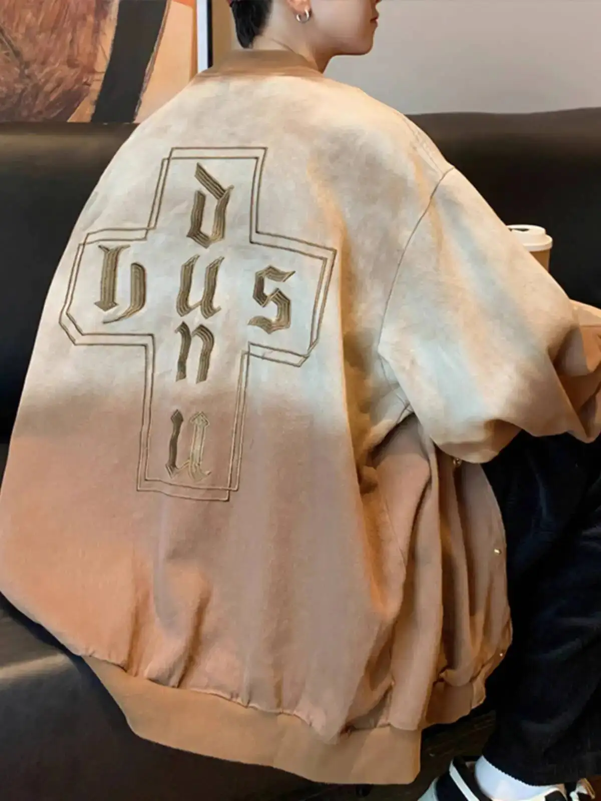 

American High Street Gradient Denim Jacket Men's coat Ins Trendy Brand Loose Cross Embroidered Baseball Jacket