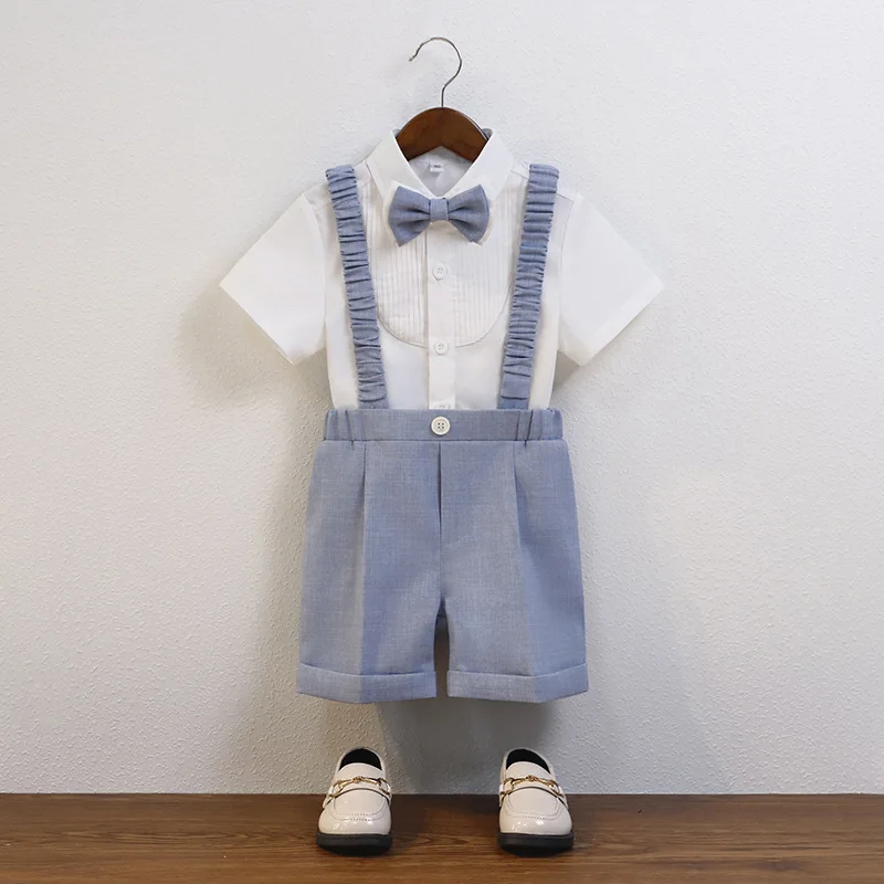 Gentleman Kids Summer Breathable Party Dress Boys Soft Vest Shirt Shorts Bowtie Photography Suit Children Performance Costume