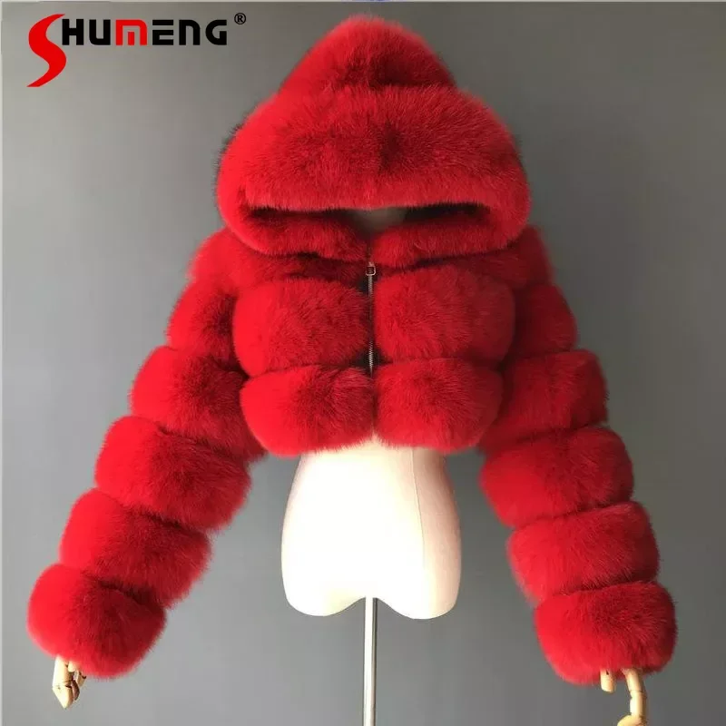 European and American Orange Imitation Fox Fur Hooded Coats Woman Stitching Long Sleeve Pink Fluffy Jacket Commute Faux Fur Coat