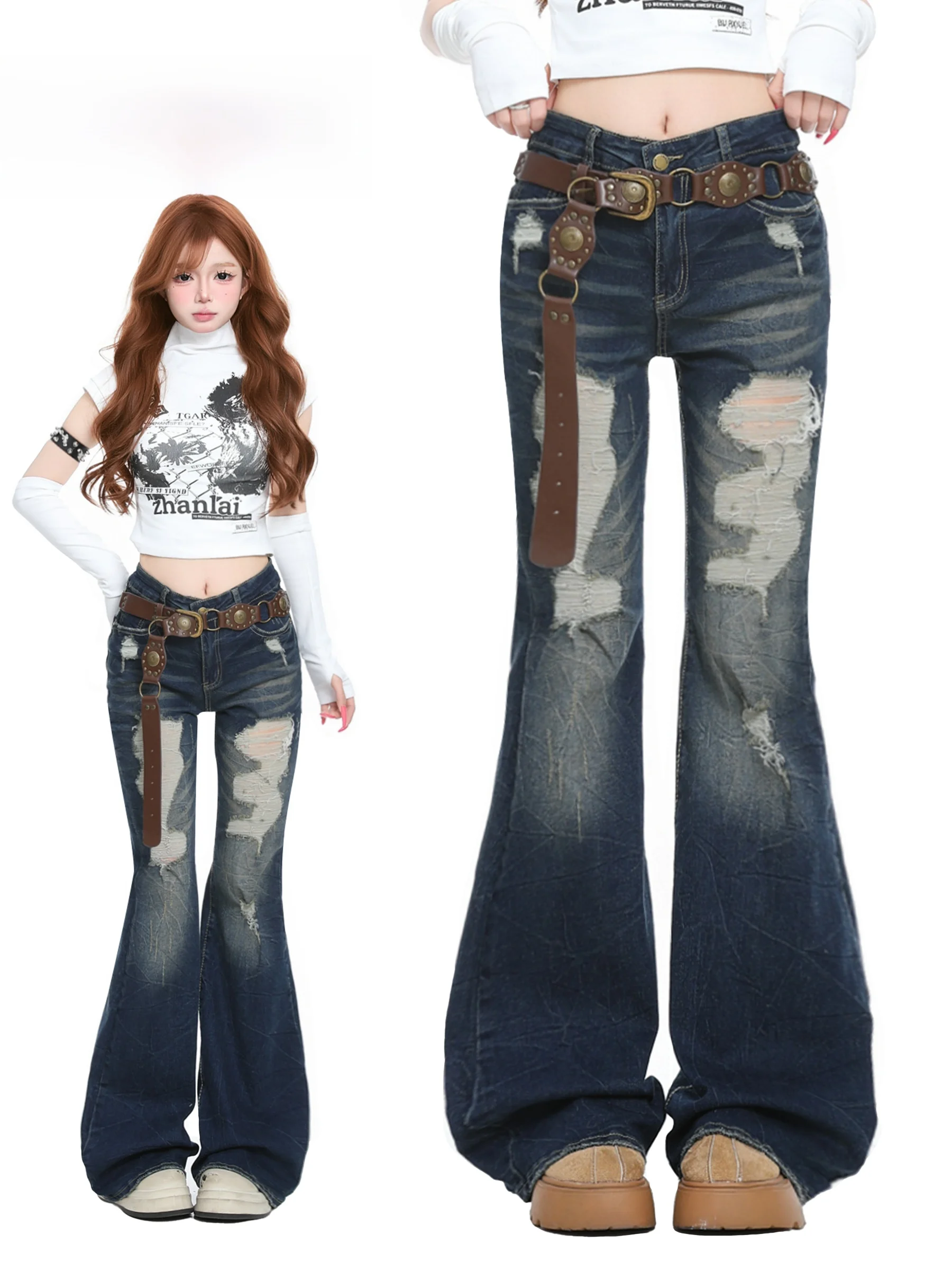 

Basterds American Retro Letter Embroidery Hole Micro Flared Jeans Women Spring Spicy Slim Floor-Length Pants Cotton Blend