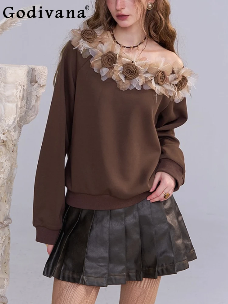 

Autumn Elegant Fashion Detachable Flower Slash Neck Sweatshirt Women New Off-the-shoulder Pullover Loose Long Sleeve Chic Top