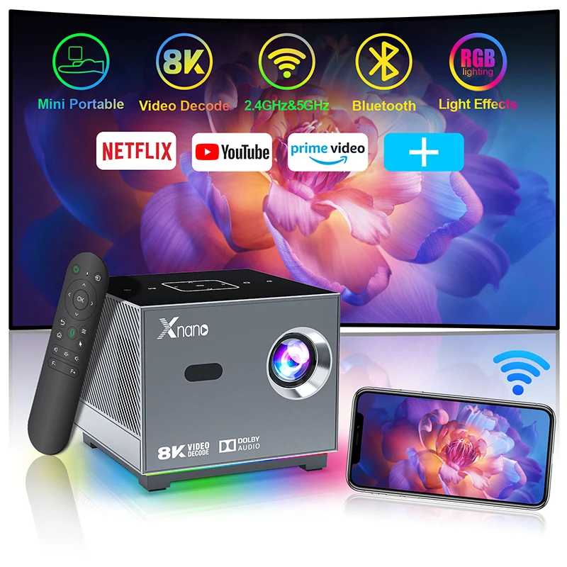 XNANO-Projecteur de film intelligent portable, 300ANSI, 8K, 4K, WiFi, 5G, télécommande vocale, éclairage LED, BTpig intégré, plus d'applications