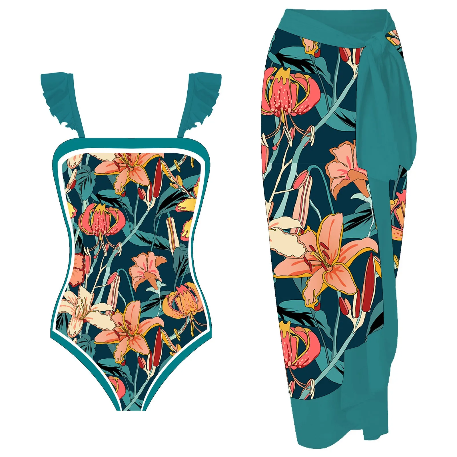 Retro Floral Print One Piece Swimsuit Monokini Flower Cover Up Two-Piece Swimwear Women Green Bathing Suit Female Beachwear