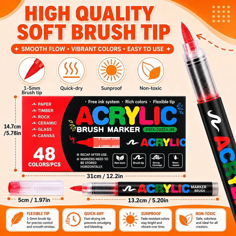 12-366 Colors Acrylic Paint Markers, Quick Dry Brush Tip Pens for Mugs, Rocks, Canvas, Ceramic, Wood DIY