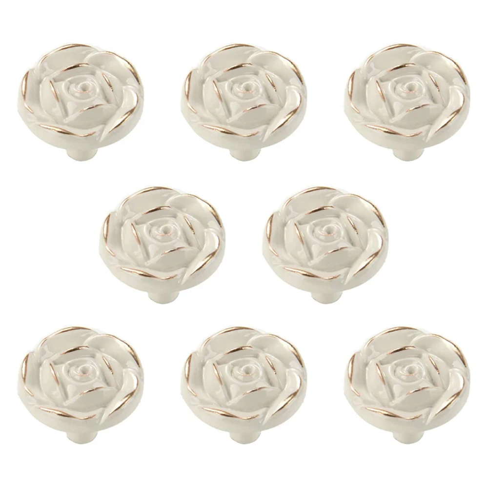 

ABZV-8Pcs Antique Rose Flower Cabinet Knobs, Vintage Kitchen Shabby Chic Zinc Alloy White Drawer Pull Handles for Dresser