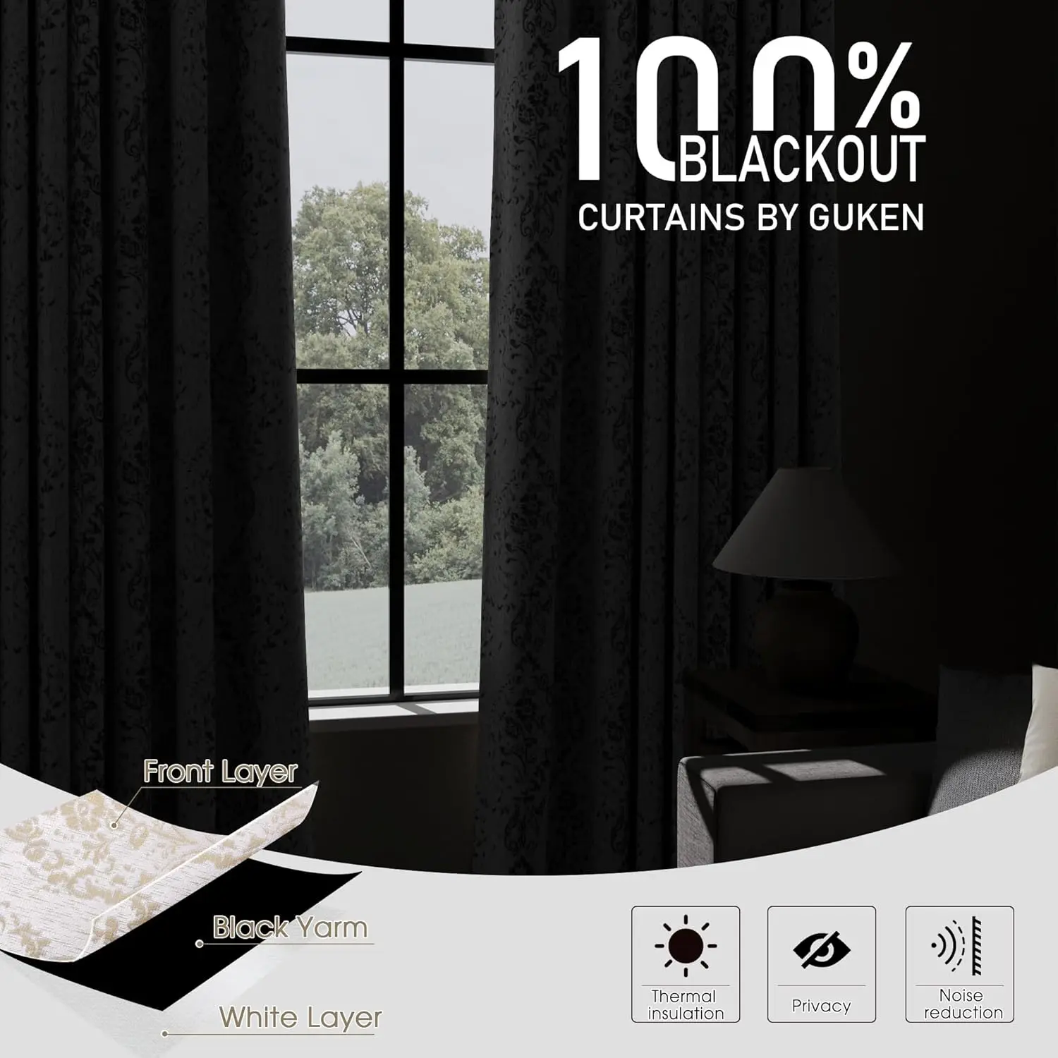 

Guken Gold Blackout Curtains For Living Room Bedroom Damask Patterned Faux Silk Farmhouse Curtains Grommet Thermal Insulated